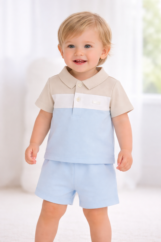 Amore Baby Boys Blue Beige Polo & Short Set