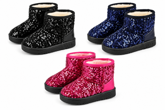 Girls sequin fur-lined ankle boots set, black, navy, and pink