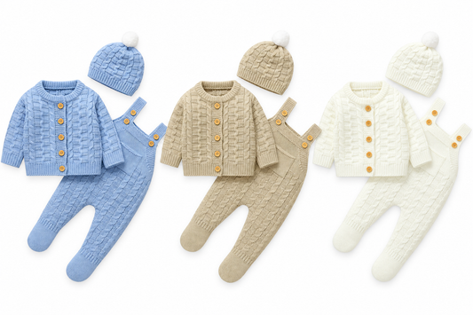 Baby Knitted Cable Dungaree, Cardigan & Pom Pom Hat 3 Piece Set *Online Product