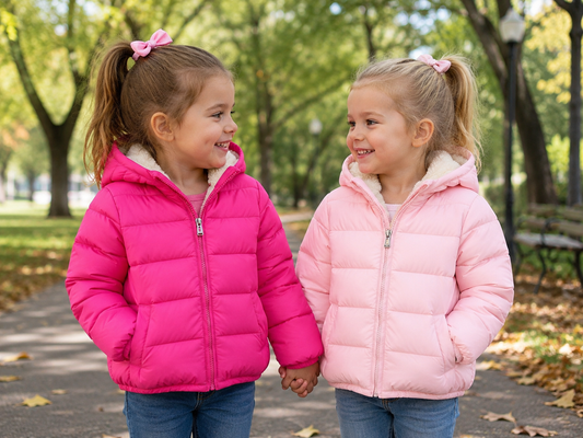 Girls lightweight hooded puffer jackets—fuchsia and baby pink—front zip, hood, side pockets