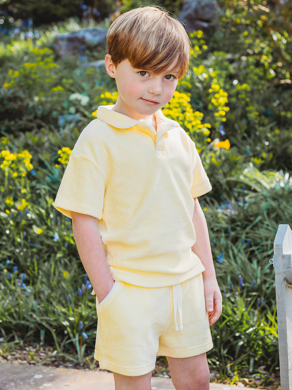 Lemon towelling short set with polo-style top and drawstring waist shorts