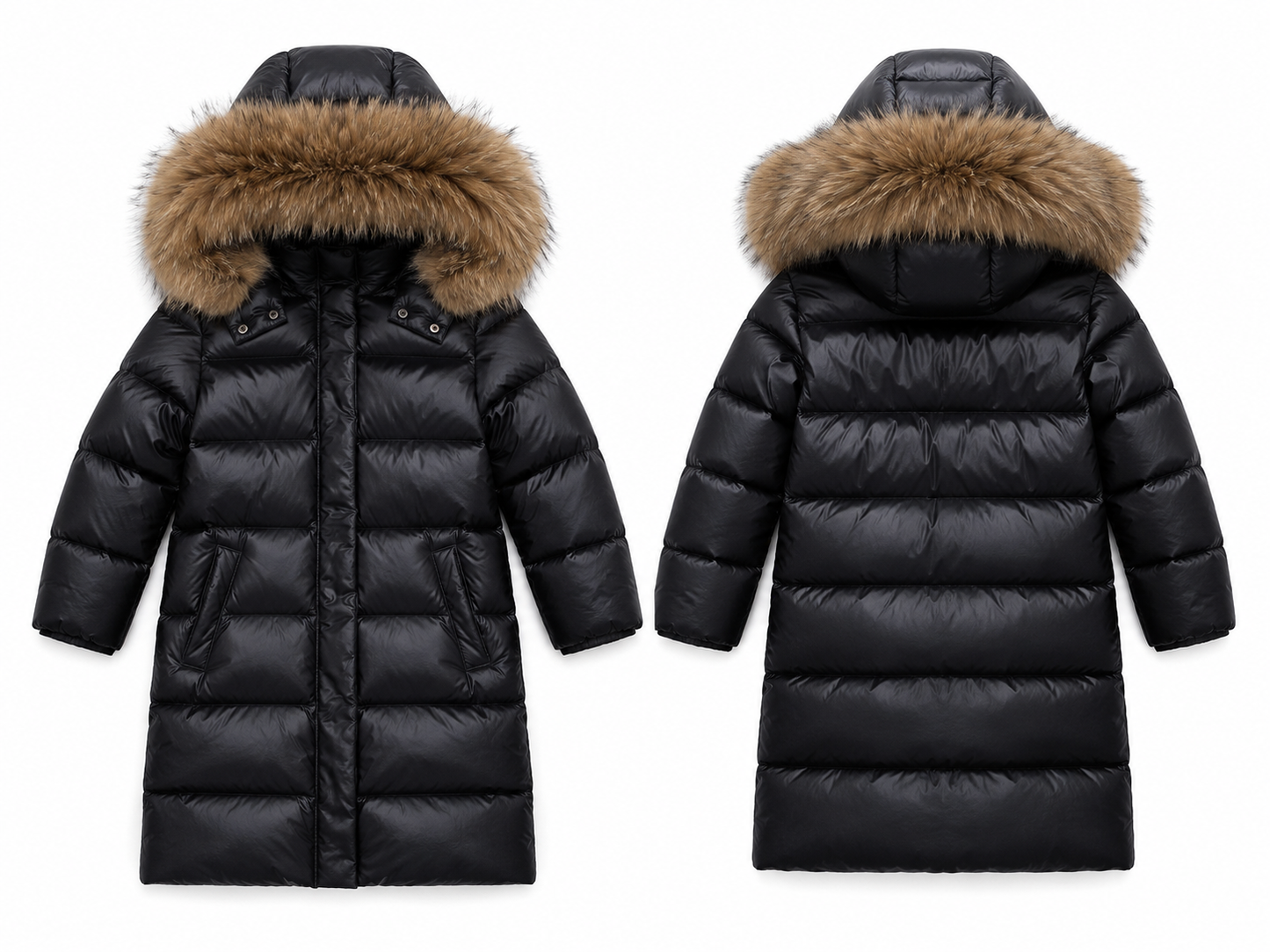 Girls Luxury 90% Duck Down Long Puffer Coat with Fur Hood | Black/Natural | 2–12 Years