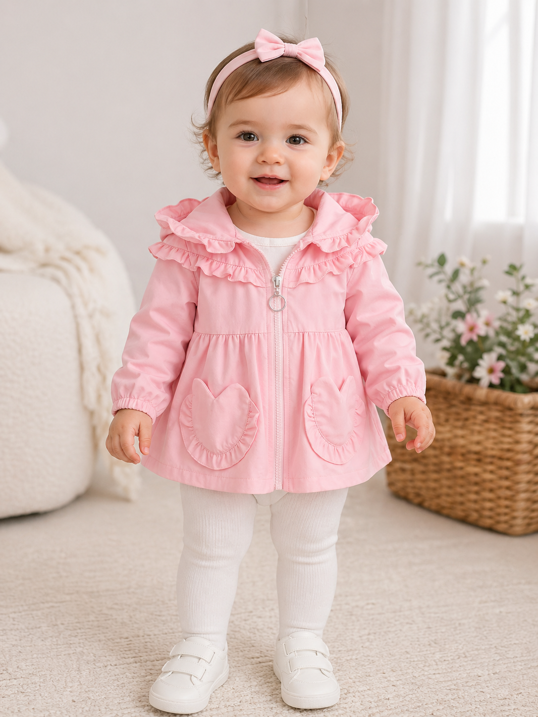 Pink frill-hood baby jacket with zip front, bow and heart-shaped pocket appliqués