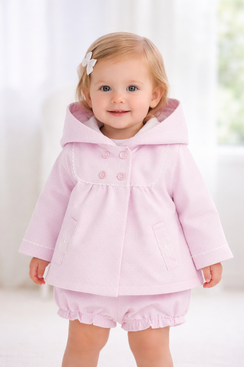 Rosa leichte Mädchenjacke mit Kapuze, Knopfleiste, aufgesetzten Taschen