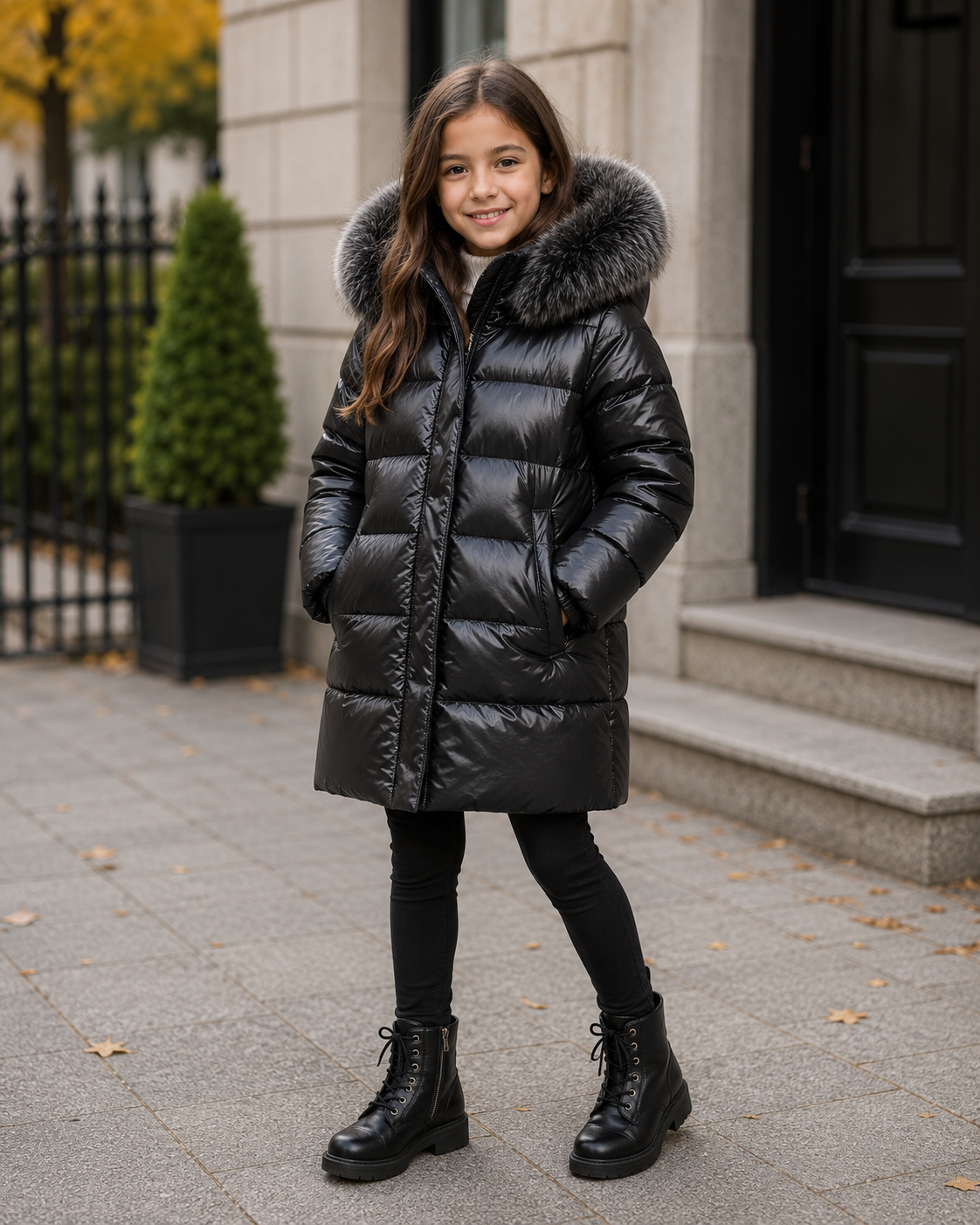 Girls Luxury 90% Duck Down Long Puffer Coat with Fur Hood | Black/Black | 2–12 Years