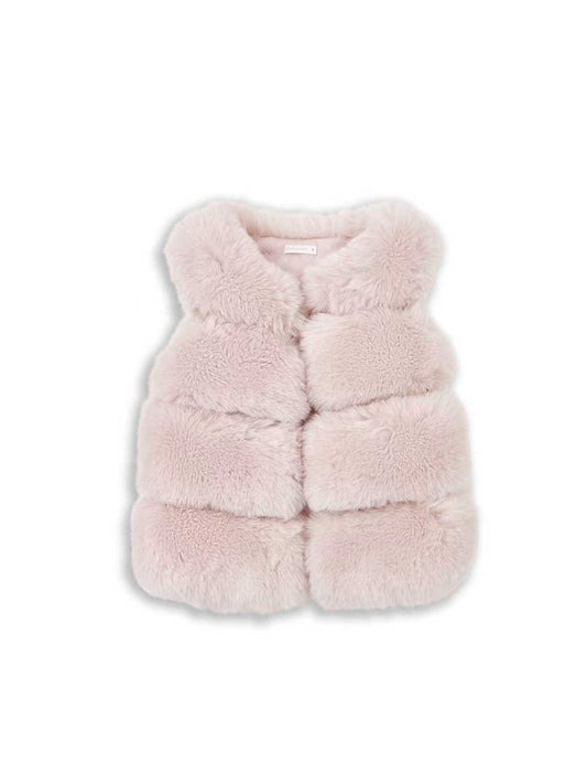 Baby pink faux fur gillet vest with front button placket and sleeveless design