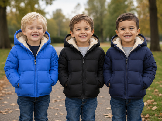 Boys hooded sherpa-lined puffer jacket with full zipper and pockets, blue and black