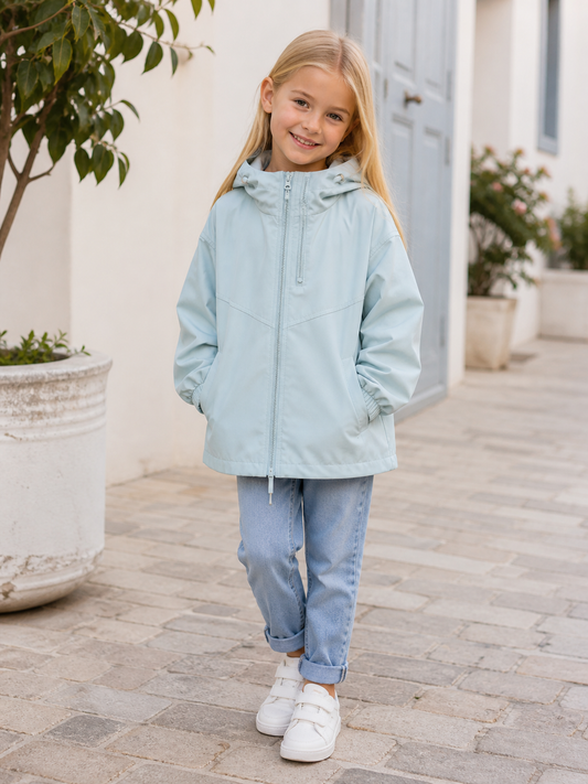 Girls Lightweight Hooded Rain Jacket – Sky Blue Windbreaker Coat (Ages 3–14) *Online Product