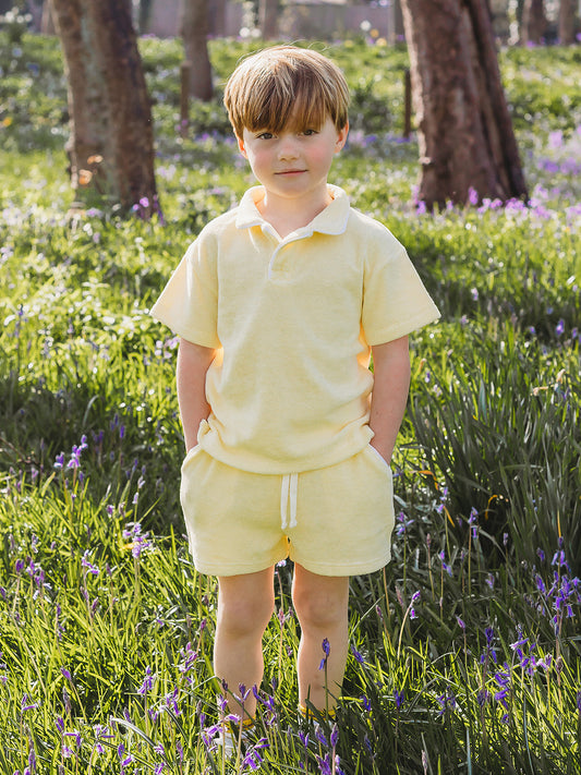 Lemon towelling short set: polo shirt with matching drawstring shorts
