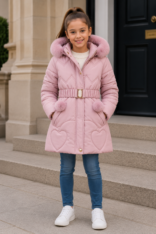 Girls pink hooded puffer coat with faux fur pom-poms and belt