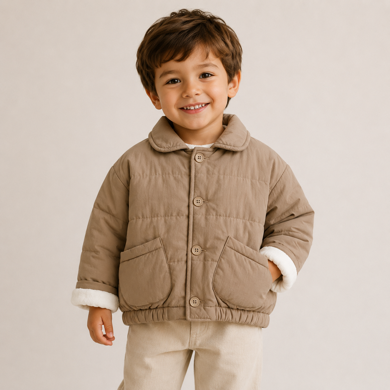 Kids mini puffer pocket jacket in beige, button-front with two front patch pockets