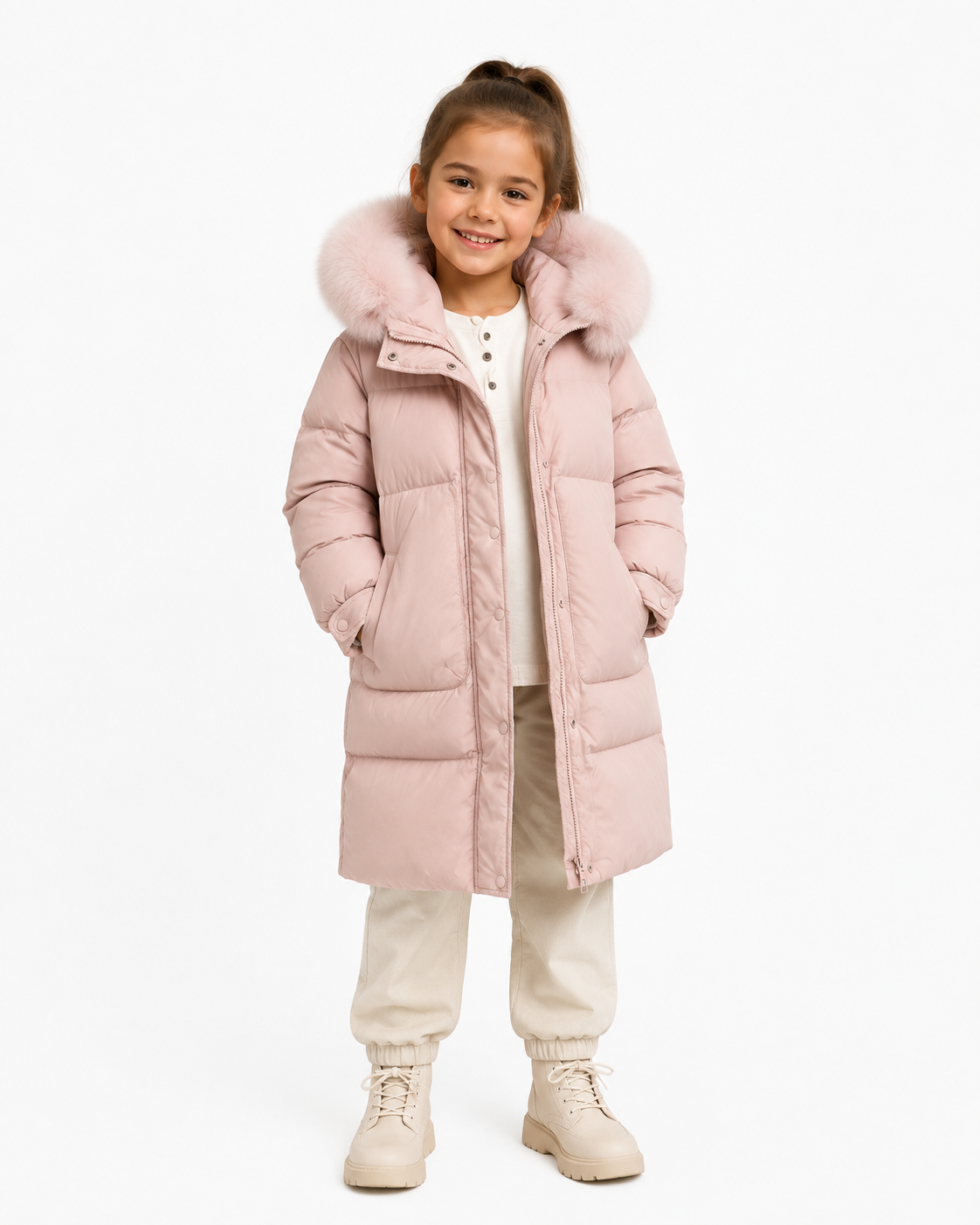 Girls’ Luxe Faux Fur Hooded Puffer Coat – Pink | 5–14 Years *Online Product