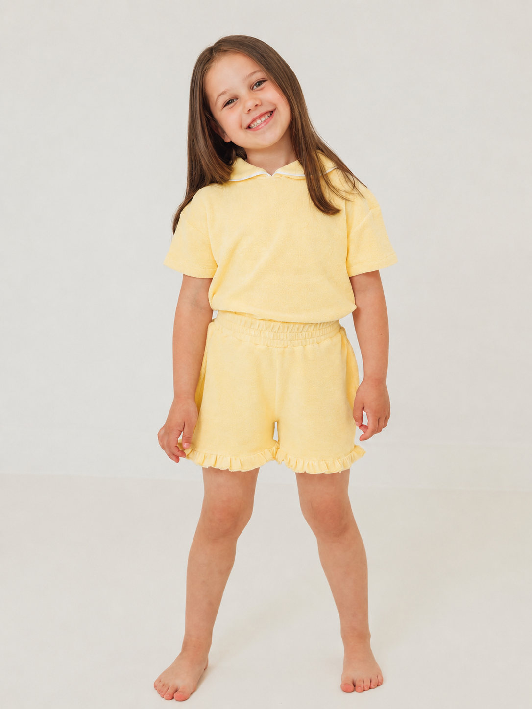 Lemon towelling short set with frilled collar and ruffle shorts, short-sleeve top