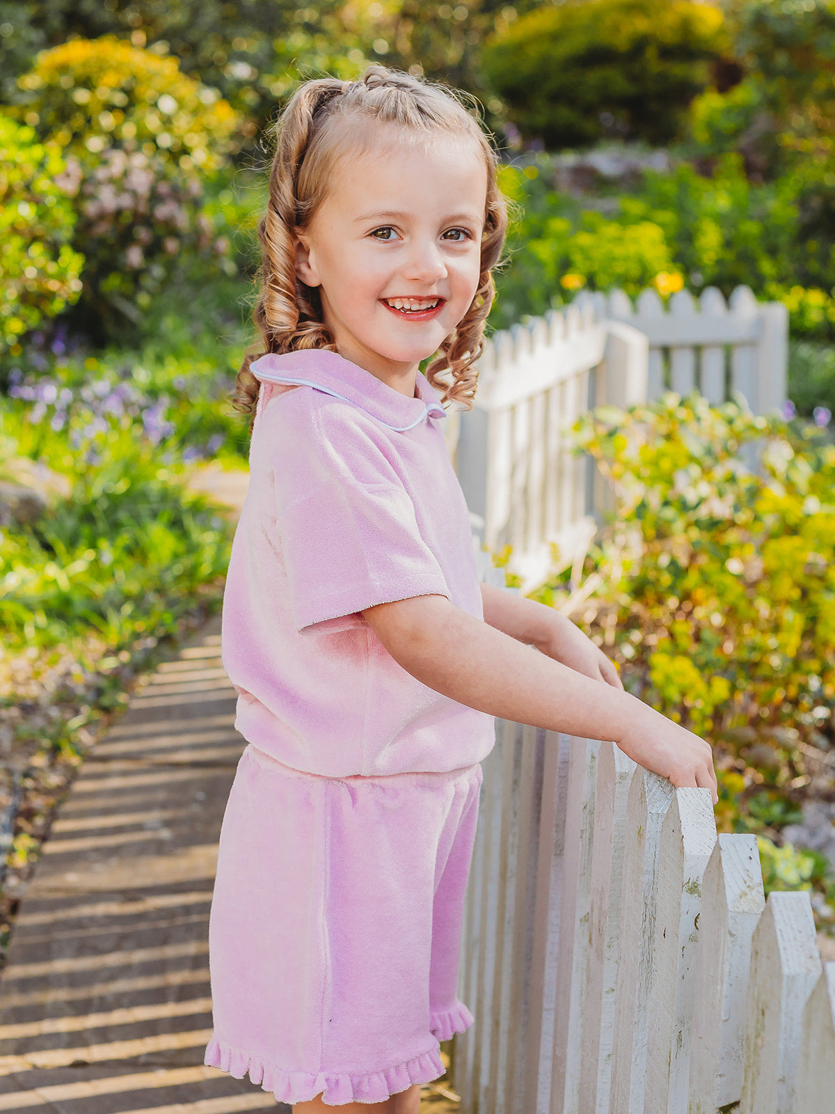 Lilac towelling short set with frilled hem shorts and soft ruffle collar trim