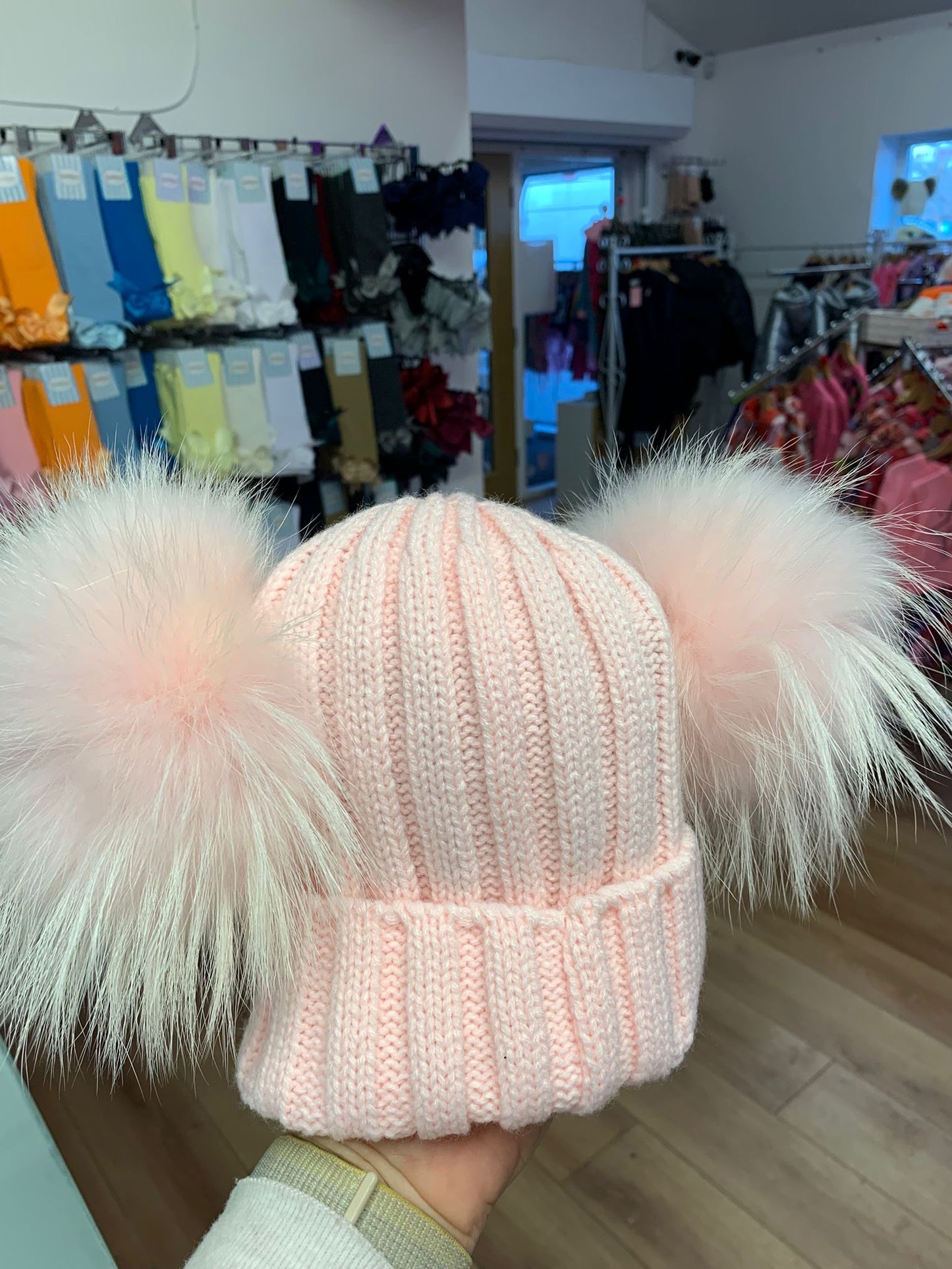 LLC Pink Cashmere Double Pom Pom Beanie Hat