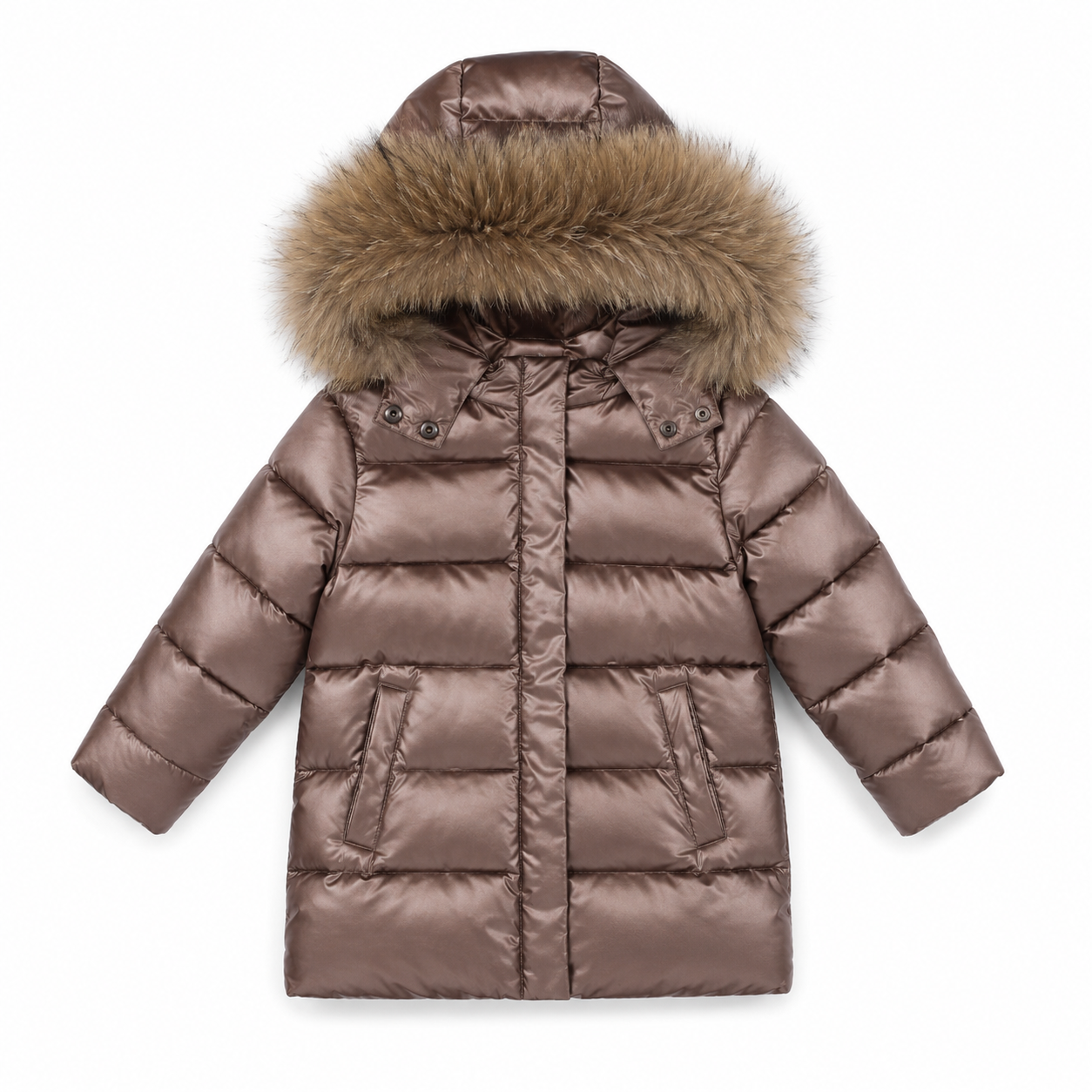 Girls Luxury 90% Duck Down Long Puffer Coat with Fur Hood | Brown/Natural | 2–12 Years