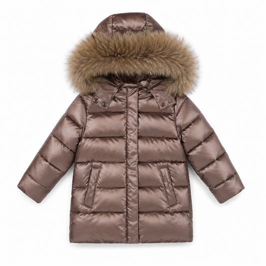 Girls brown long puffer coat with fur-trim hood and quilted front, snap pockets