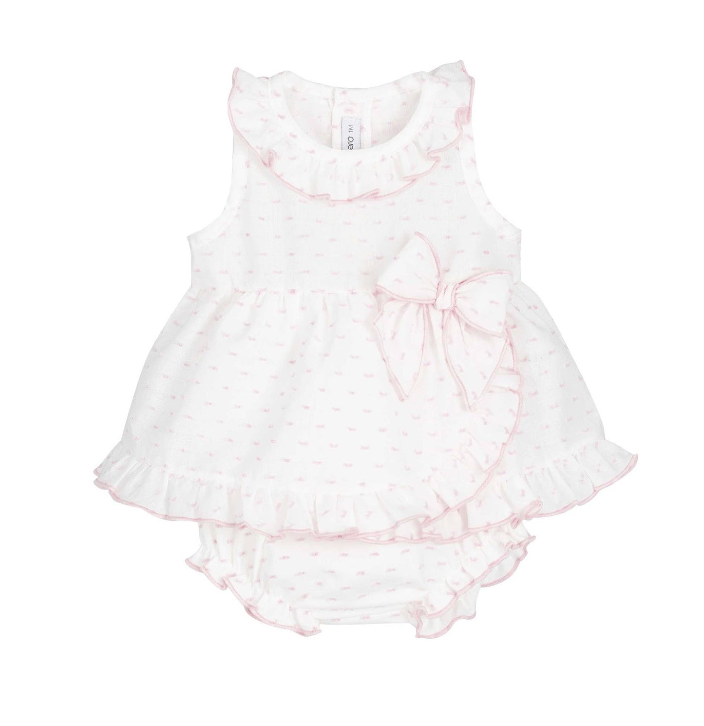 Baby girls dress & bloomers set, white with light pink pattern, ruffled hem and bow