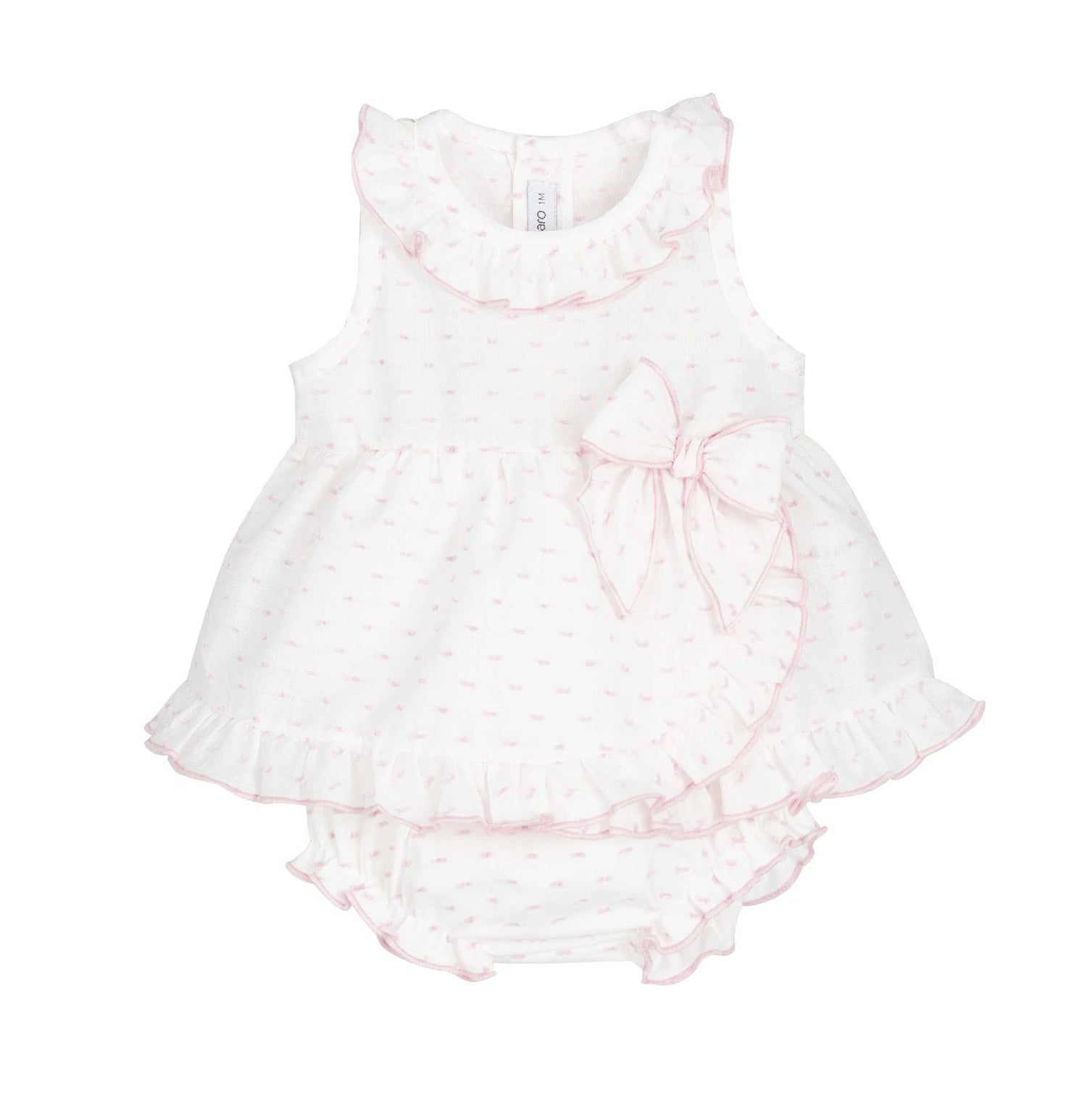 Baby girls dress & bloomers set, white with light pink pattern, ruffled hem and bow