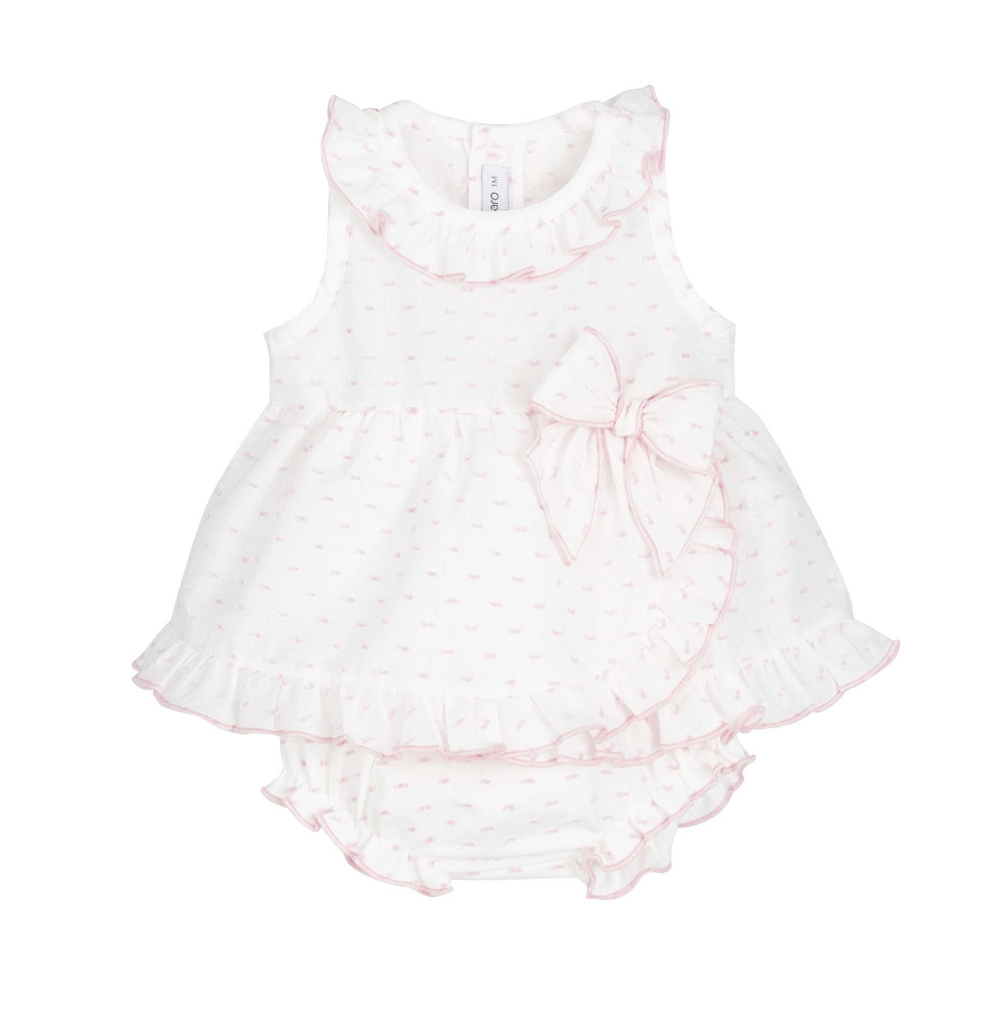 Baby girls dress & bloomers set, white with light pink pattern, ruffled hem and bow