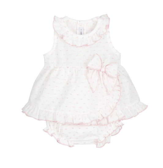 Baby girls dress & bloomers set, white with light pink pattern, ruffled hem and bow