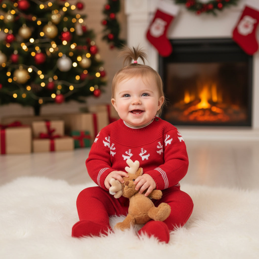 Red reindeer knit outfit on baby boy: sweater with white reindeer pattern, pants