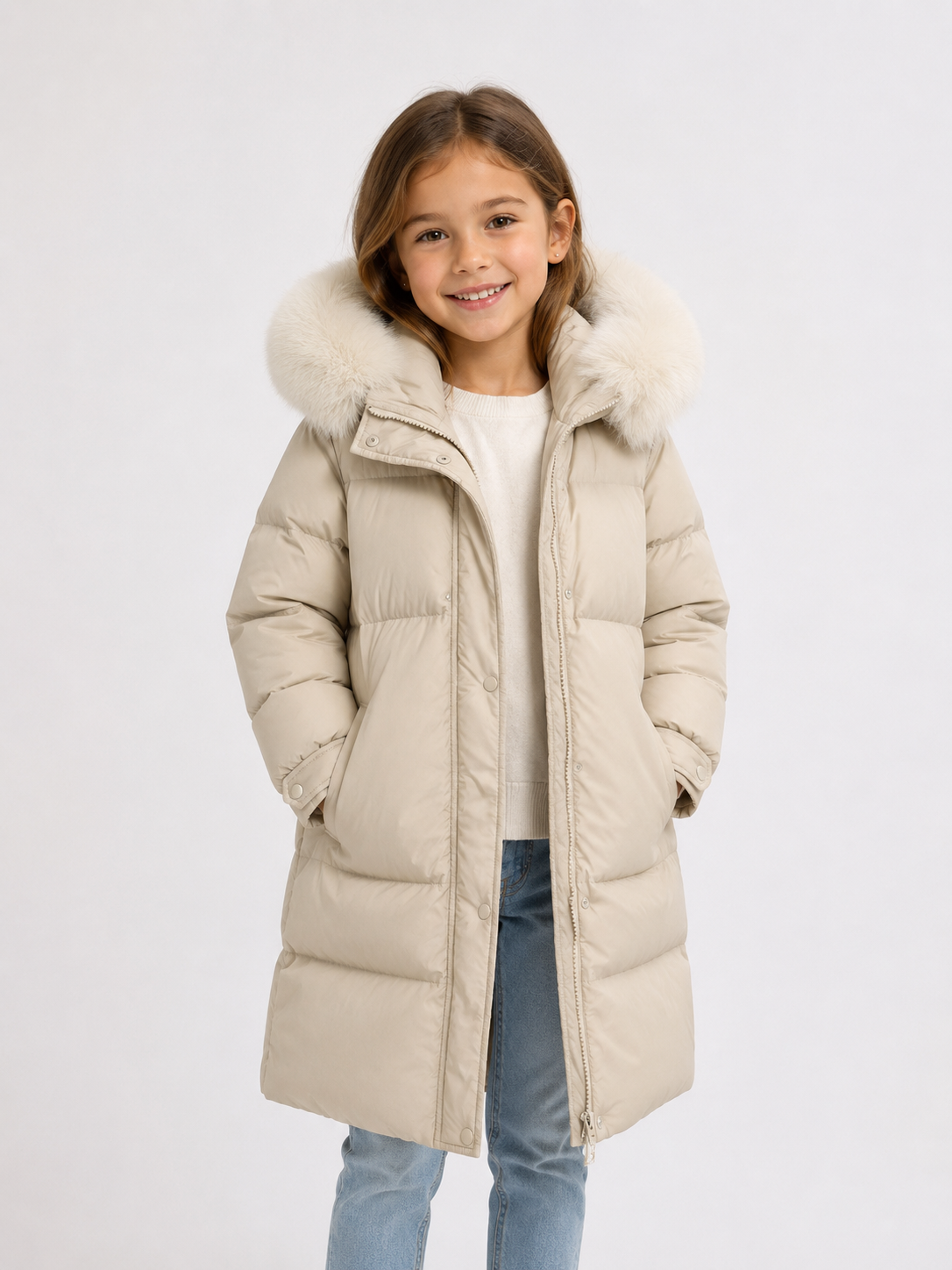 Girls’ Luxe Faux Fur Hooded Puffer Coat – Beige | 5–14 Years