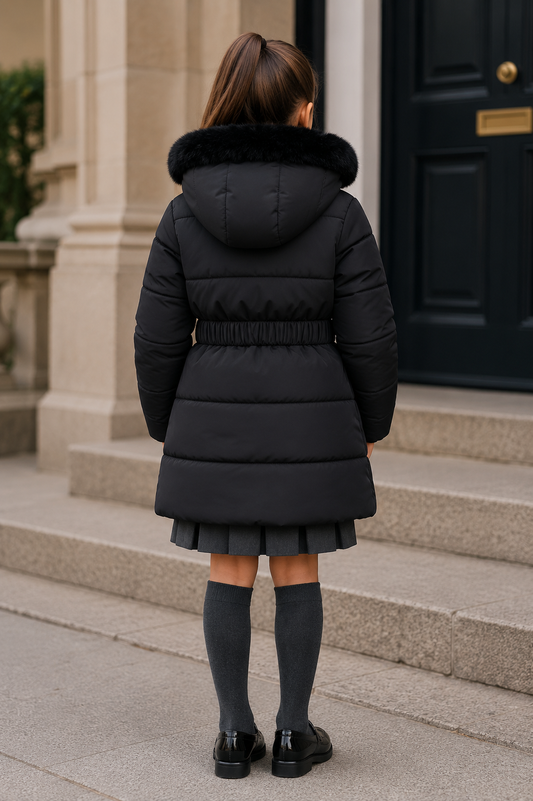 Girls back view black belted puffer coat with faux-fur pom hood
