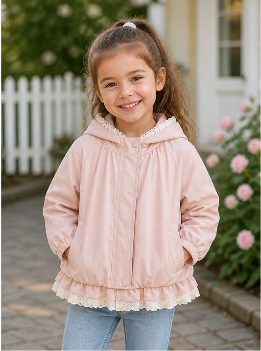 Pink jacket with ruffled trim on a white background and a child wearing the same jacket outdoors.