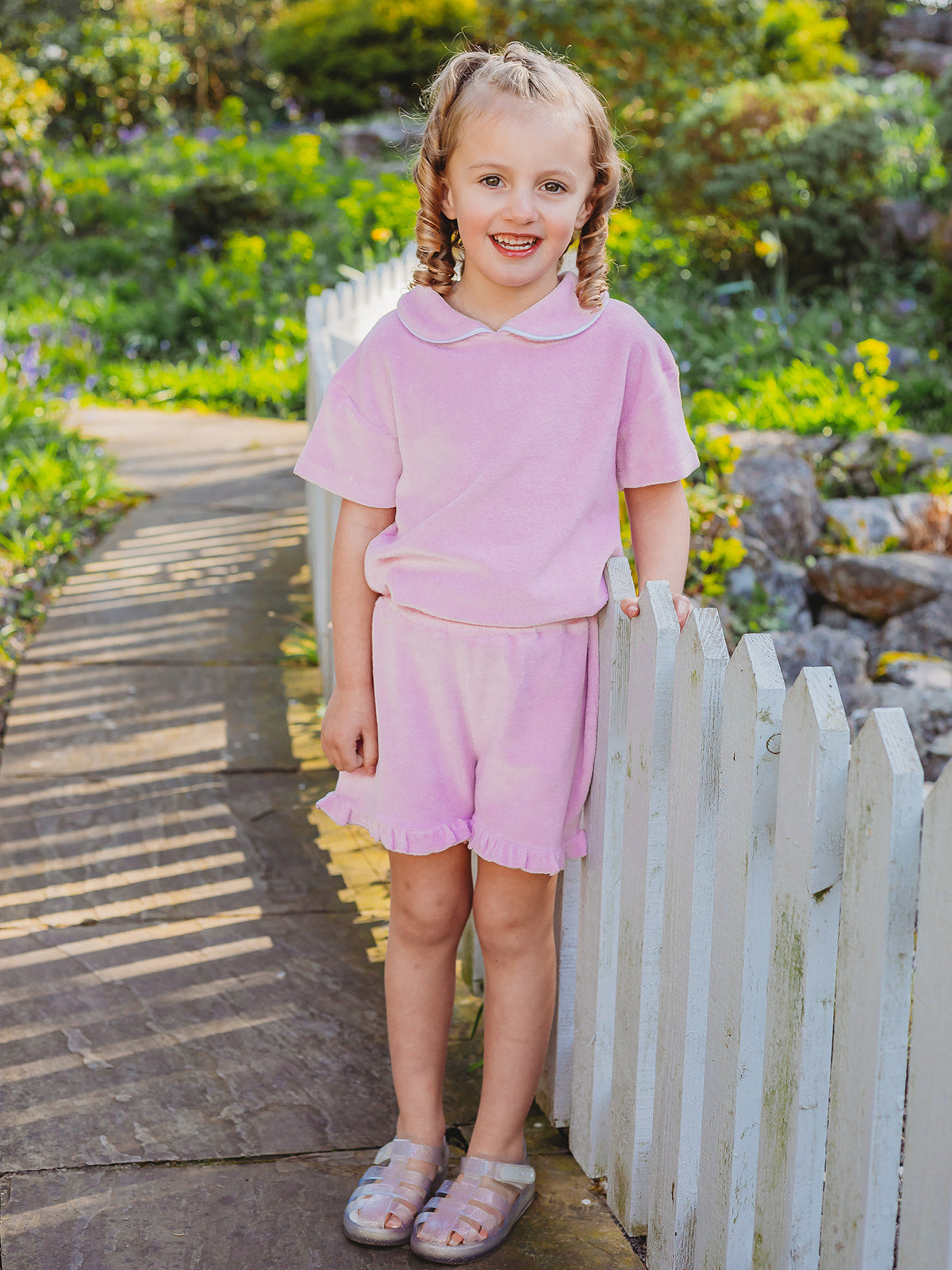 Lilac towelling short set with ruffled cuffs and frilled-edge shorts