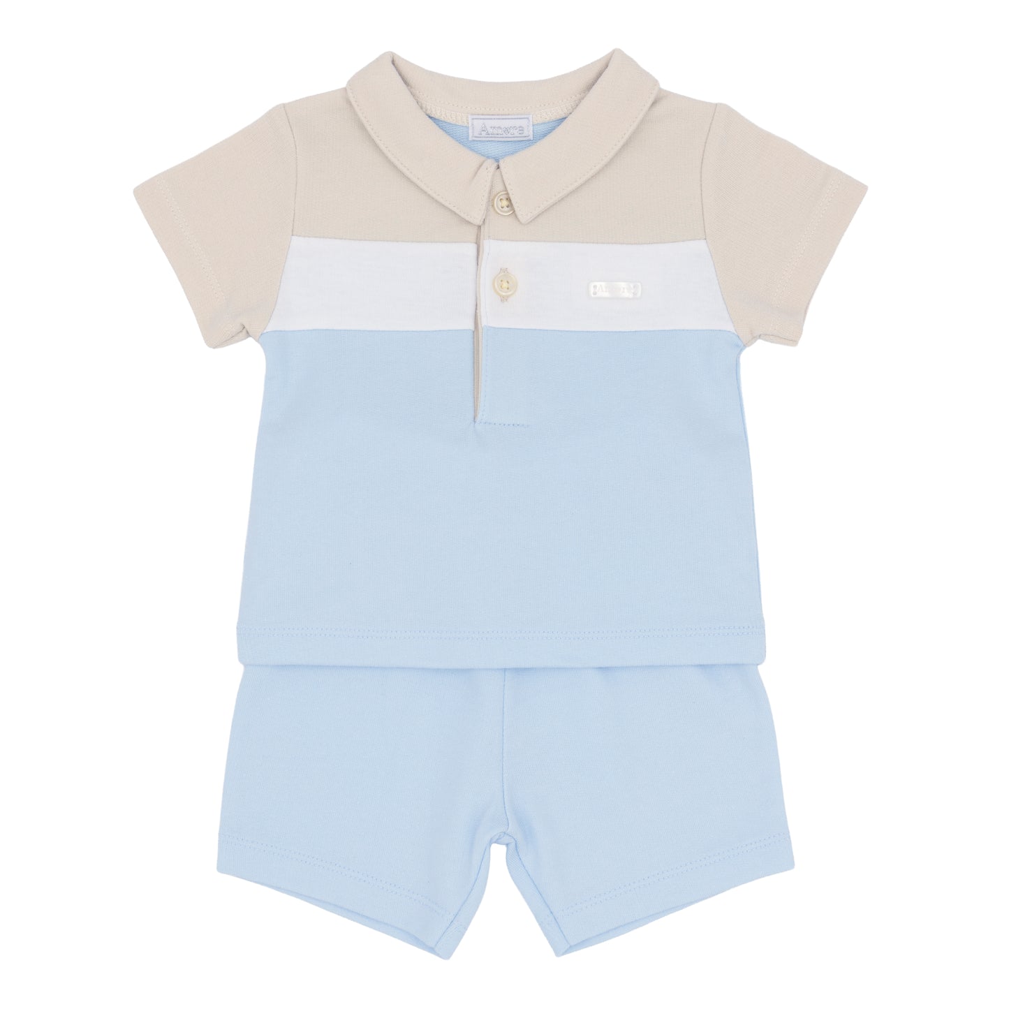 Boys two-piece outfit with a polo shirt and shorts in blue white an beige