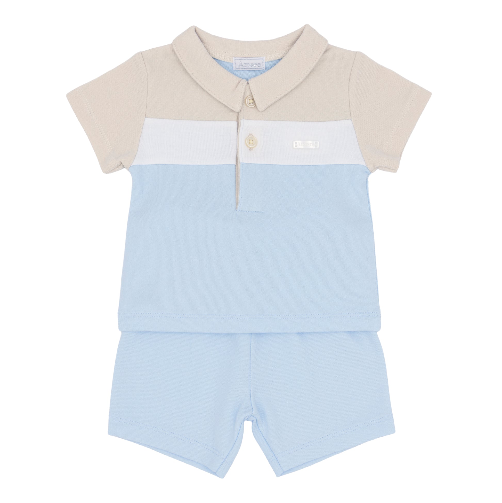 Boys two-piece outfit with a polo shirt and shorts in blue white an beige