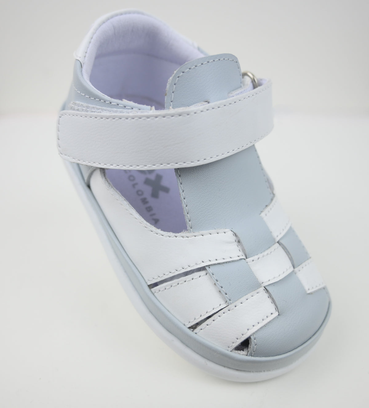 Pex boys health sandal in white with light blue lining and two hook-and-loop straps
