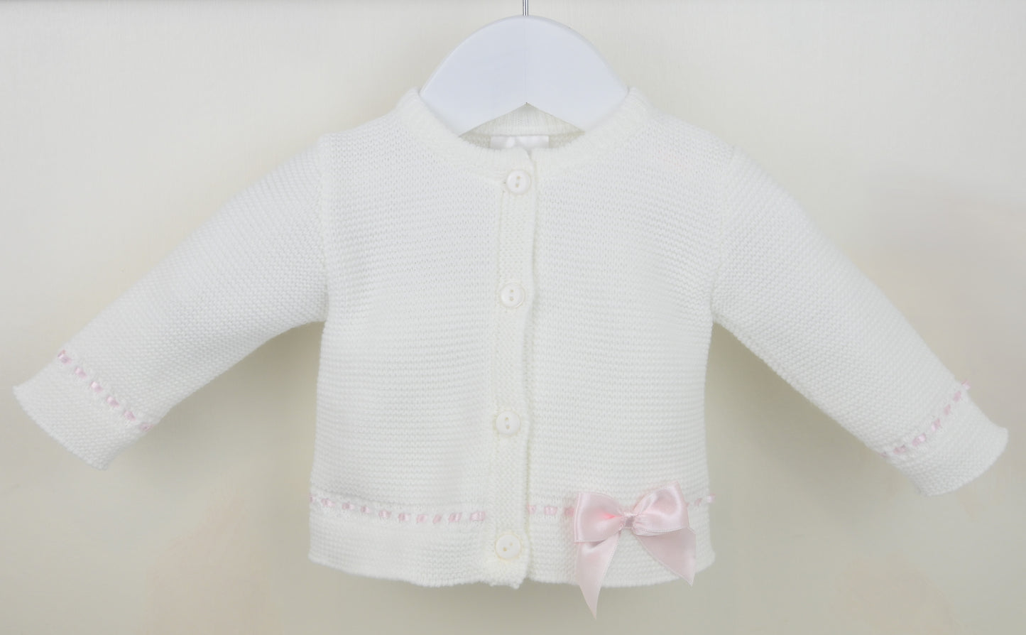 Baby Girls white knitted cardigan with Pink satin bow finish