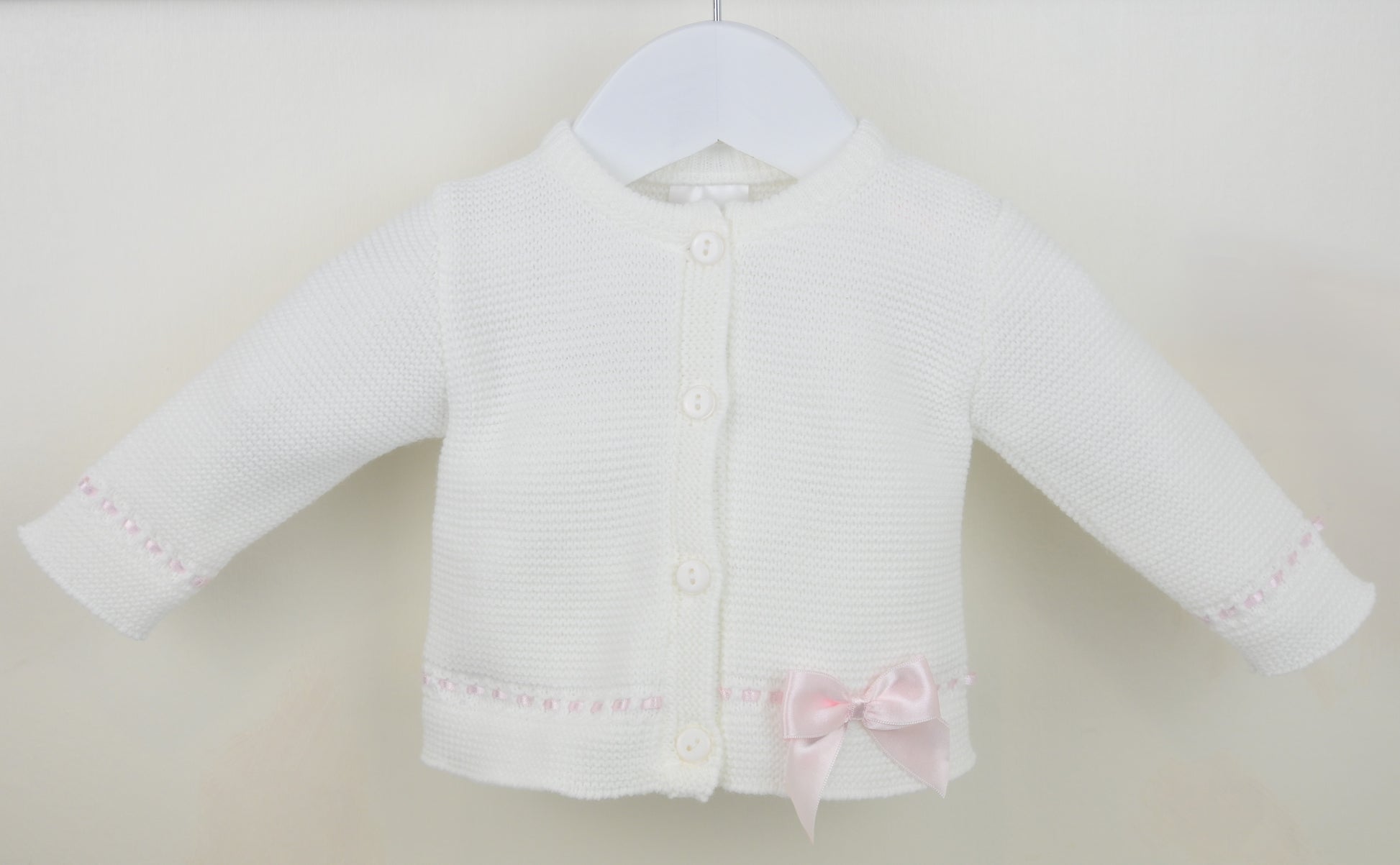 Baby Girls white knitted cardigan with Pink satin bow finish