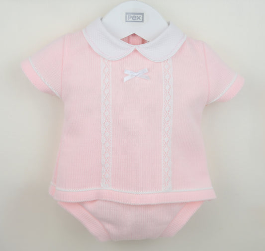 Girls pink knitted jam pants set with white collar, lace trim and bow detail for babies