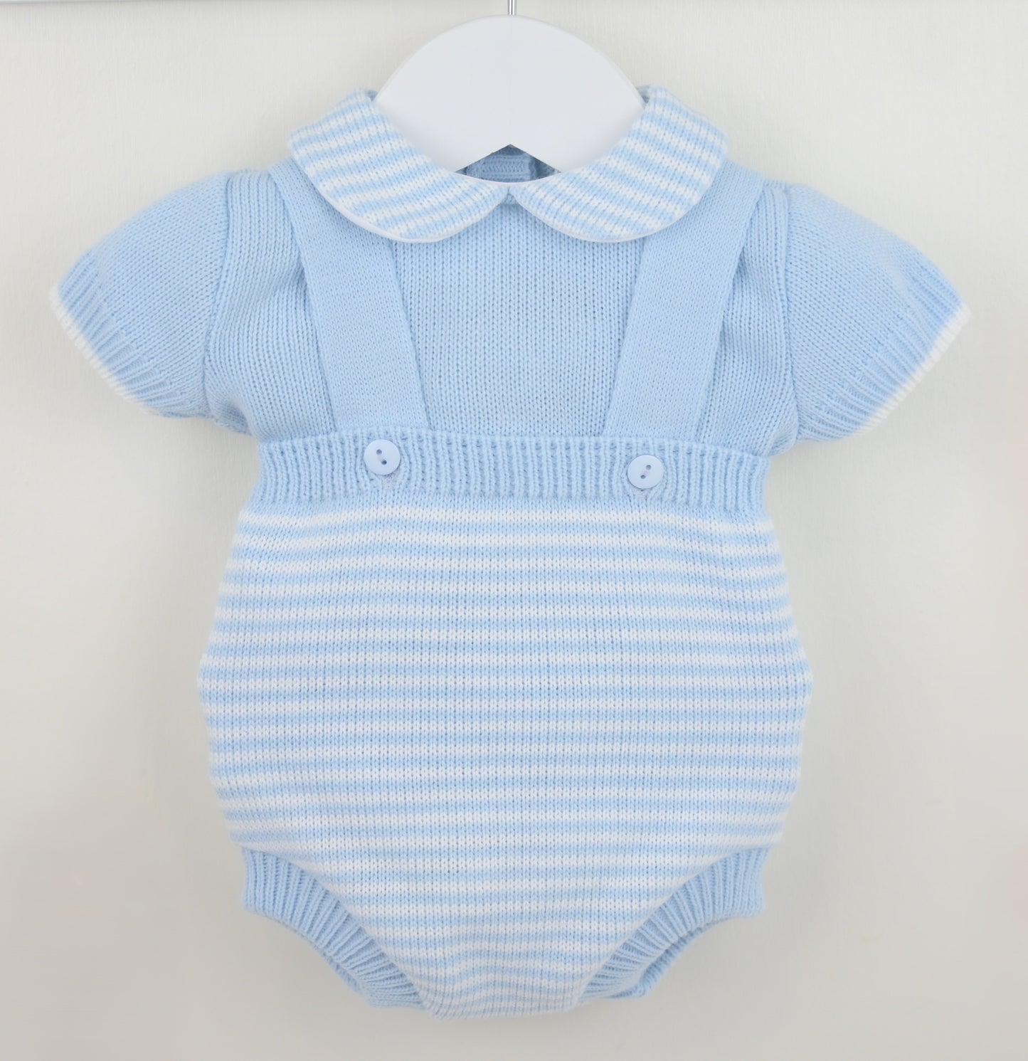 Blue striped baby romper with a collar on a white background