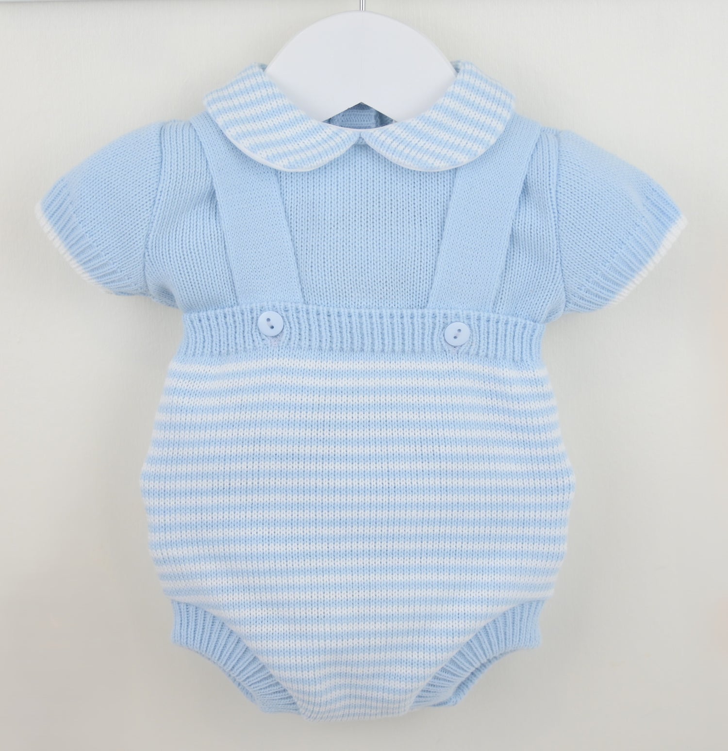 Blue striped baby romper with a collar on a white background