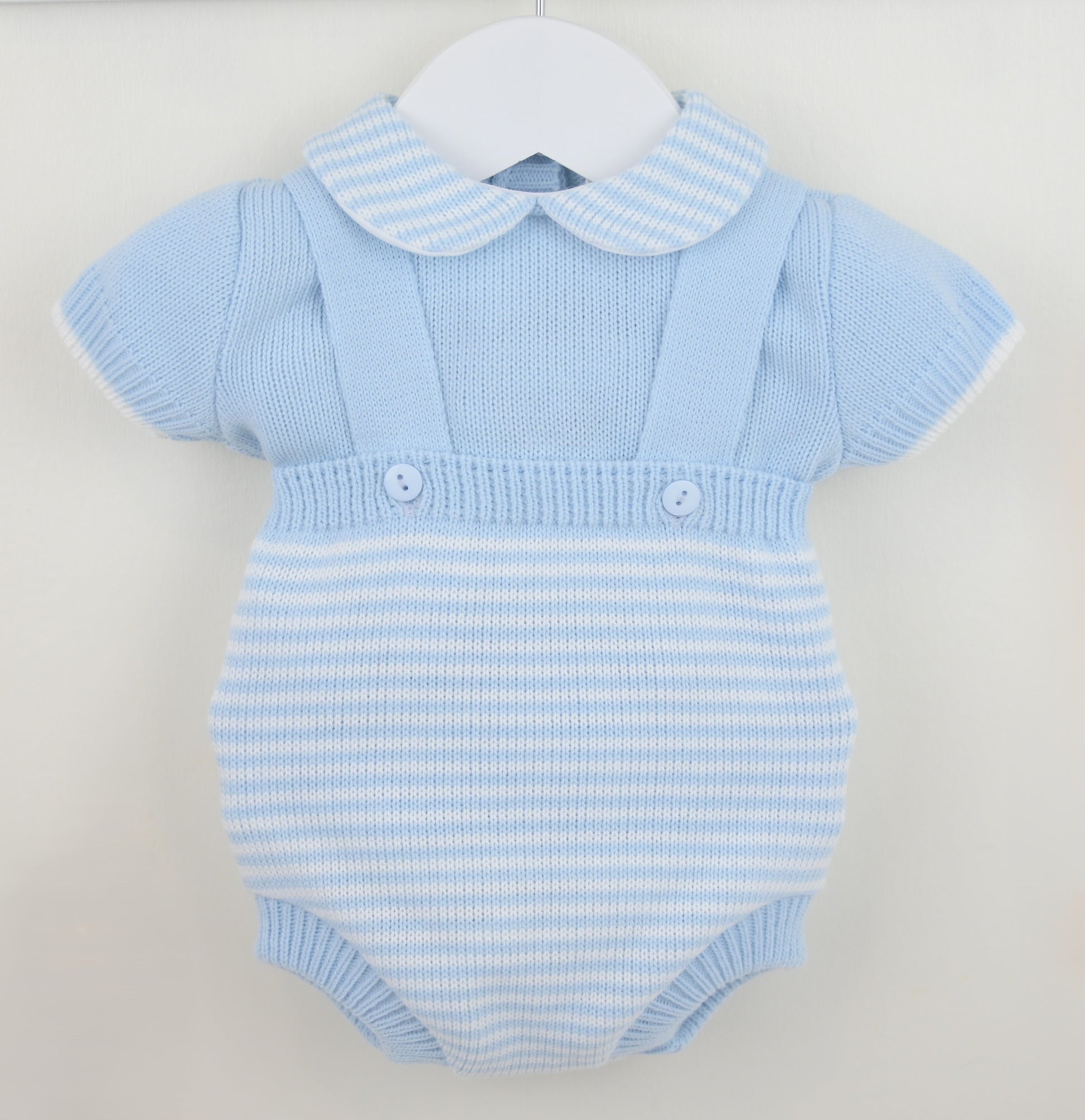 Blue striped baby romper with a collar on a white background