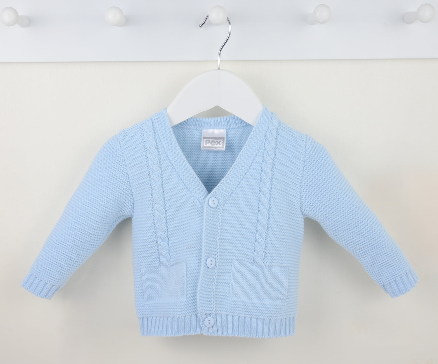 Light blue boys cardigan with V-neck, button front, cable knit panels