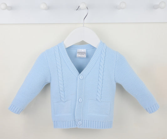 Light blue baby boys toddler boys cardigan on a white hanger against a white background