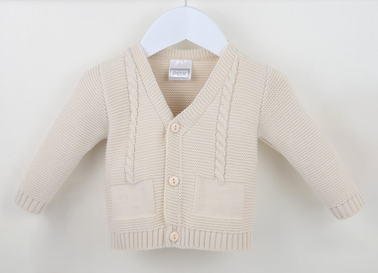 Natural cable-knit cardigan with button front and patch pockets