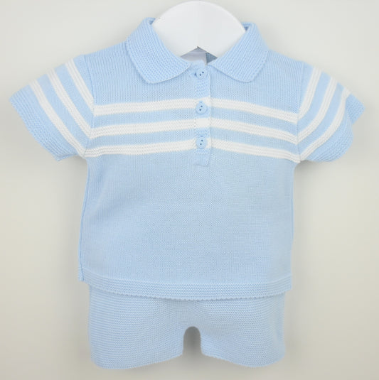 Light blue baby outfit with a polo shirt and shorts on a hanger against a light gray background