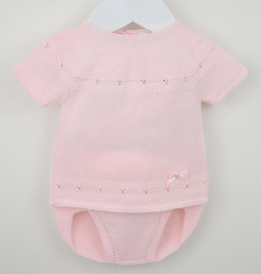 Girls pink knitted jam pants set with satin bow on hanger