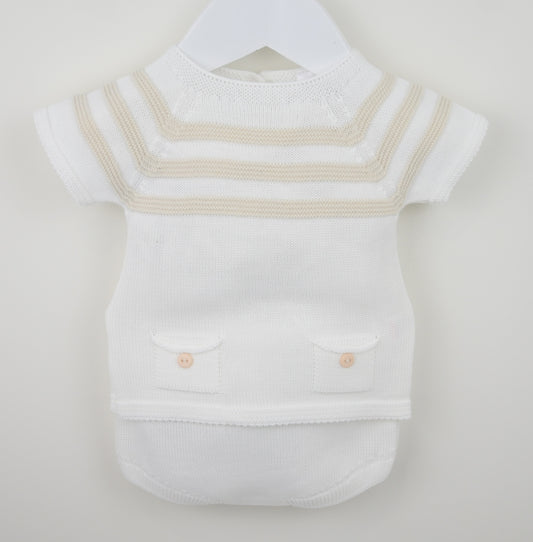White baby romper with beige stripes on a hanger against a white background