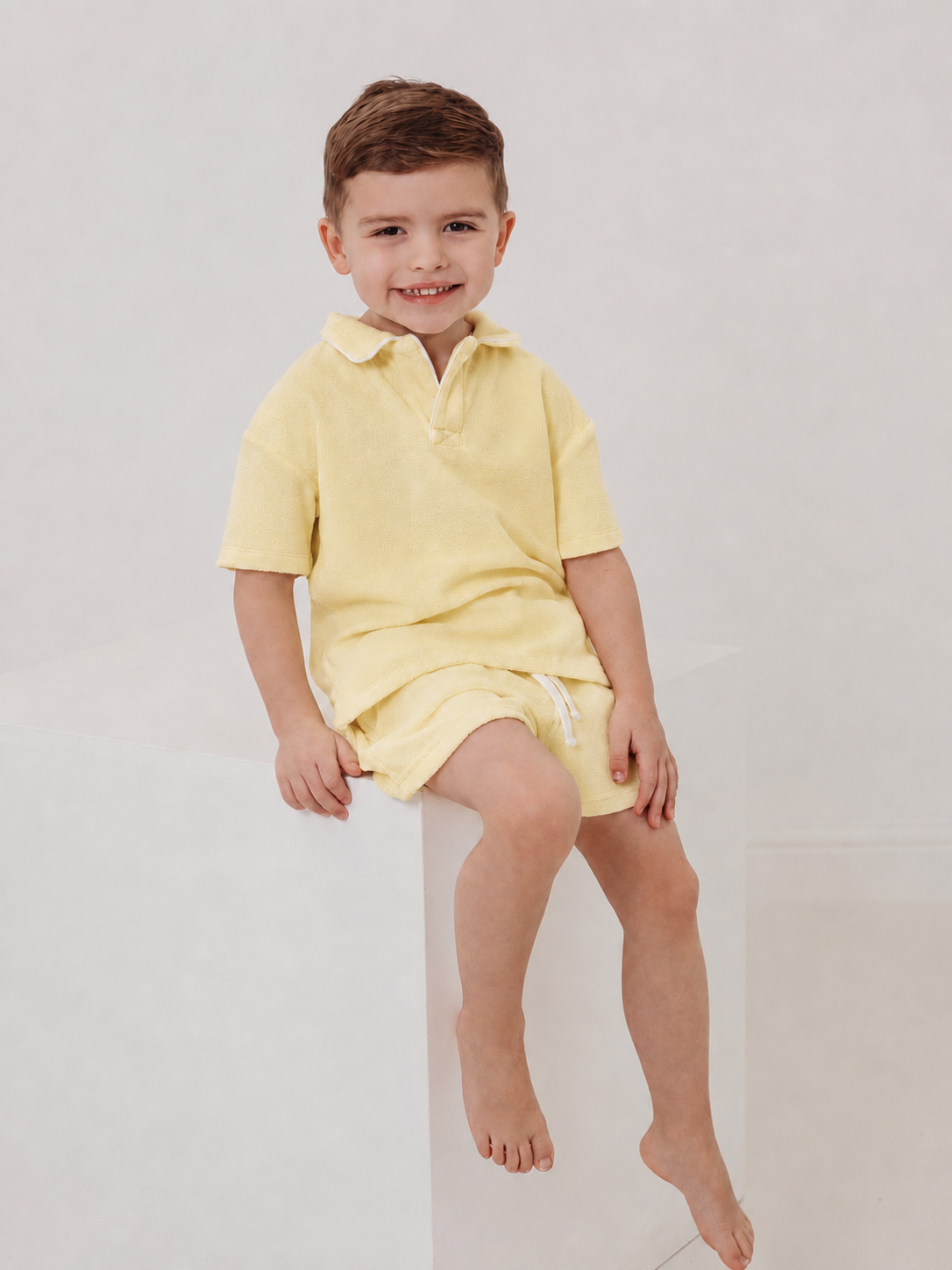 R&A Sidney lemon towelling short set with polo-style top and drawstring shorts