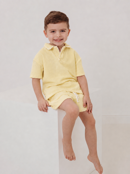 R&A Sidney lemon towelling short set with polo-style top and drawstring shorts