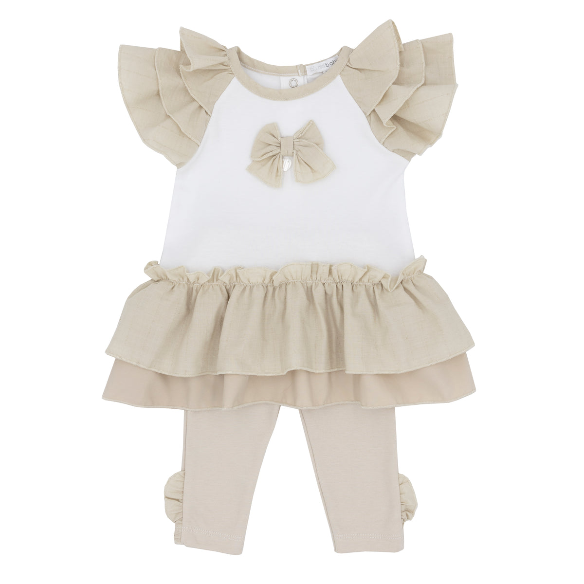 Beige tunic top with bow and ruffle sleeves, layered hem, matching leggings