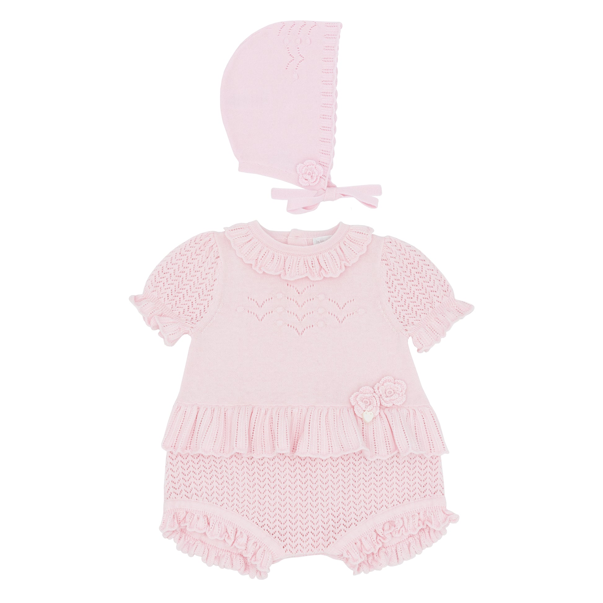 Blues Baby Girls Marbella Pink Knitted Romper and Bonnet