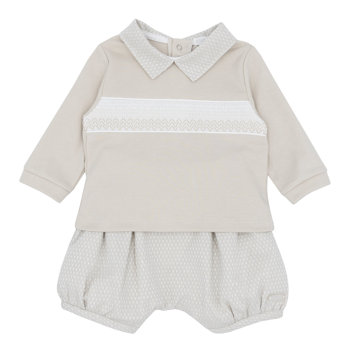 Beige baby boys Beaumont bloomer set: long-sleeve shirt with Peter Pan collar, shorts